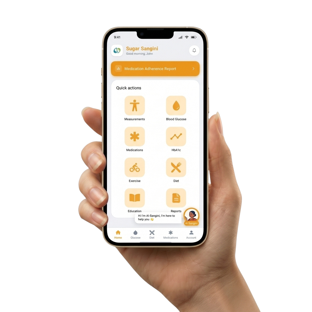 Hand holding smartphone showing Sugar Sangini application interface